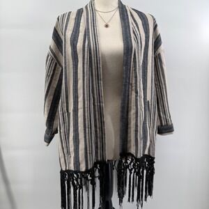 Zara Basic Women Medium Striped Open Front Fringe Cardigan Kimono Jacket Neutral